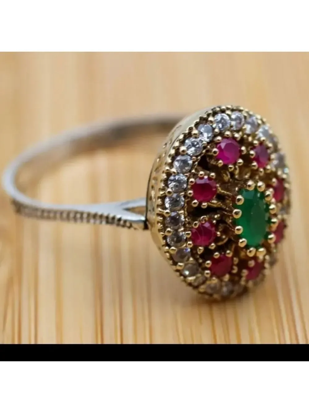 Two Tone Ring Green Red Stones